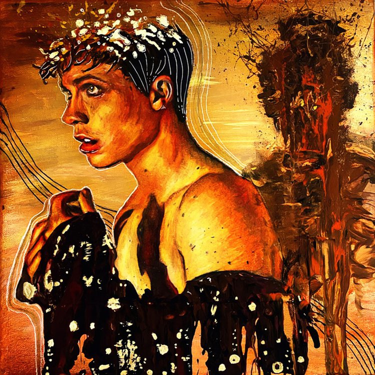 Profile of male figure bathed in gold light.