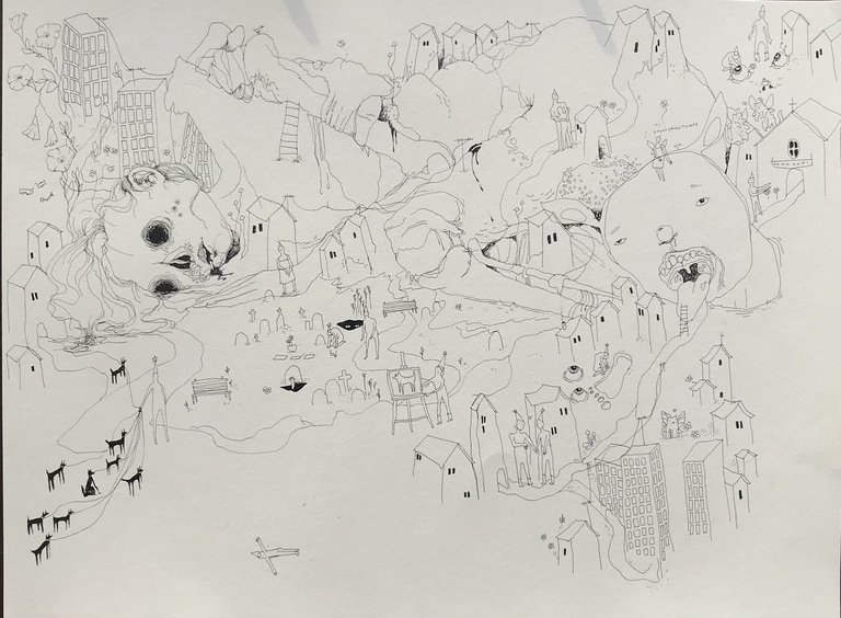 ink drawing of aerial view of imaginary community