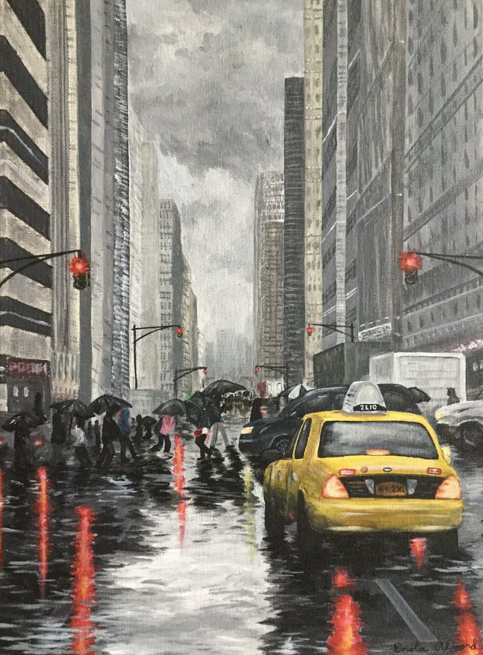 Gray city scene of cars and people in the rain