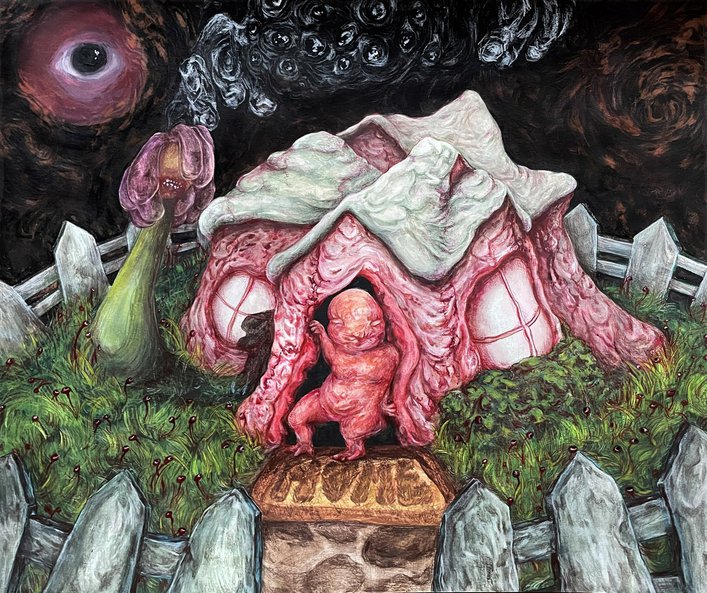 pink figure in doorway of pink house; eye in sky