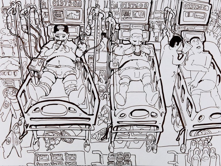 Three figures drawn in ink lying in hospital bed