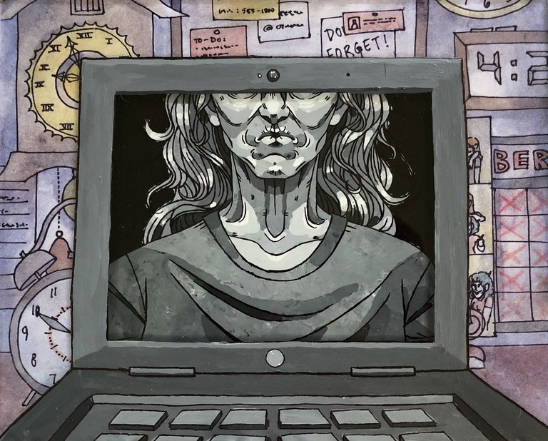 Laptop. computer with woman looking at viewer; clo