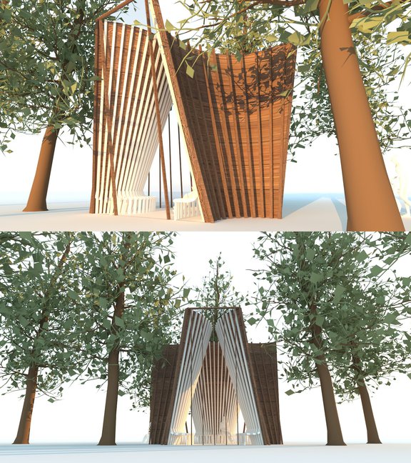 Digitally rendered pavilion created to mimic trees