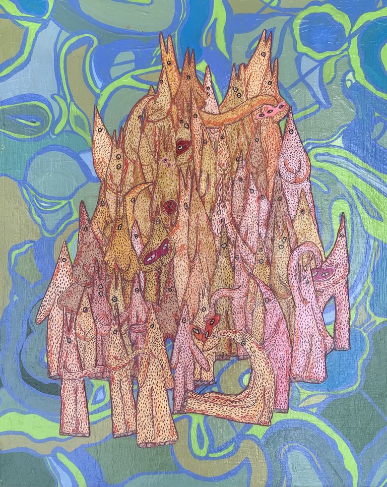 Imginary orange aliens crowded together in front o