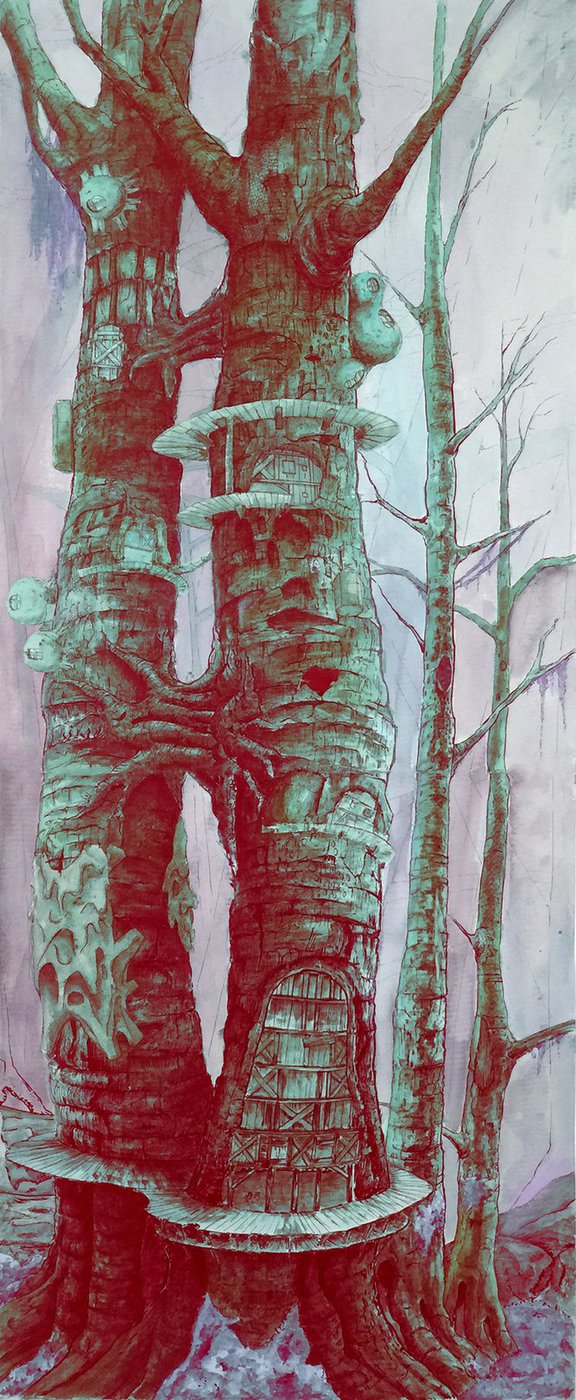 Tree house like structure intertwined with nature