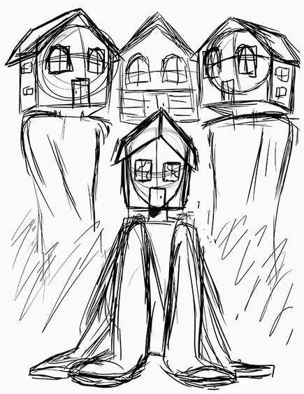 Sketch of three houses around a middle figure