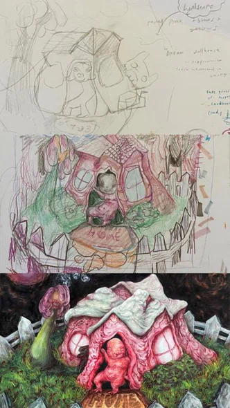 sketchbook drawings showing process to final