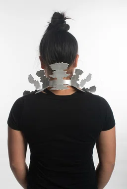 Back view of metal necklace mimicking high collar