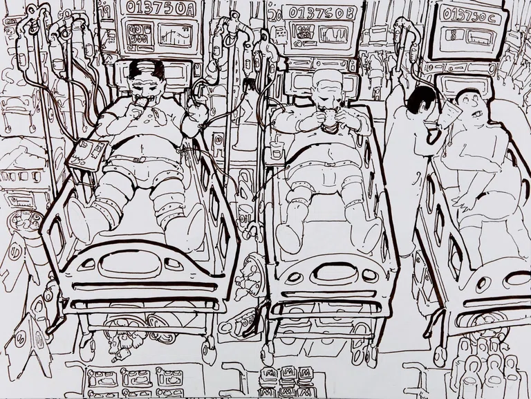  Three figures drawn in ink lying in hospital bed 