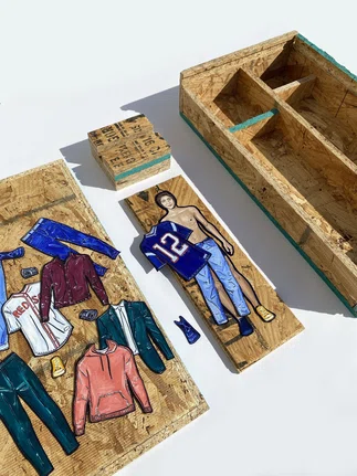 Male paper cut out dolls with wood case