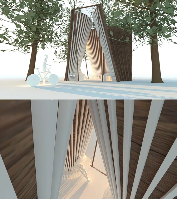Digitally rendered pavilion created to mimic trees